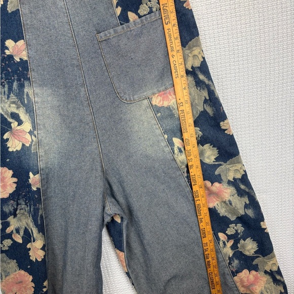 COWOKA Boho Floral Denim Bib Overalls Loose Wide Leg Jumpsuit Suspenders Small - Picture 11 of 13